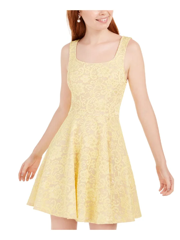 SPEECHLESS Womens Yellow Lace Zippered Sleeveless Square Neck Short Party Fit + Flare Dress