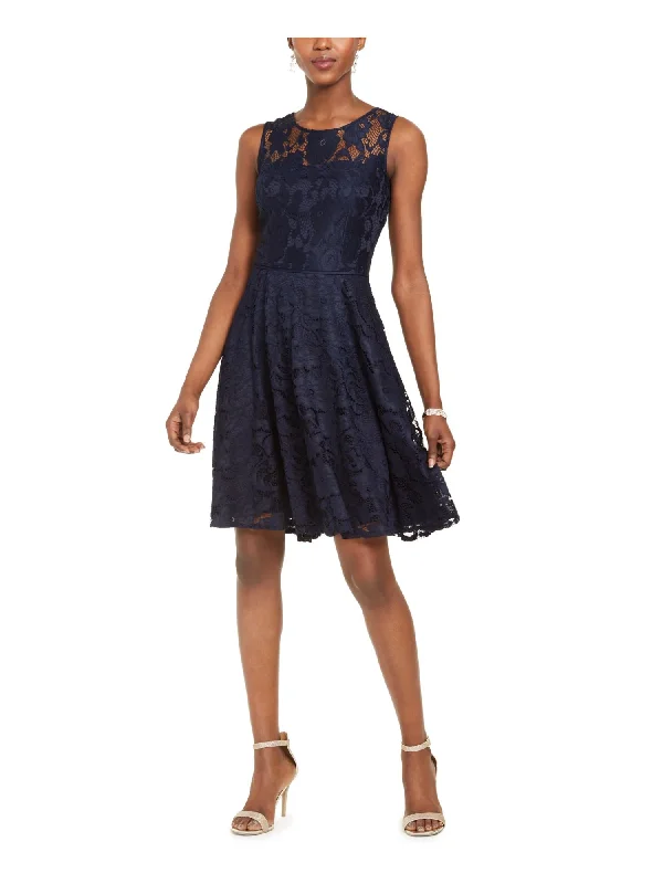 TAHARI Womens Navy Lace Floral Sleeveless Jewel Neck Above The Knee Party Trapeze Dress