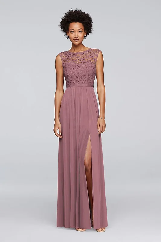 David's Bridal Long Bridesmaid Dress with Lace Bodice (F19328)