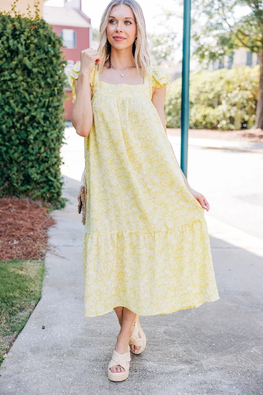 Easy To See Kiwi Yellow Floral Midi Dress