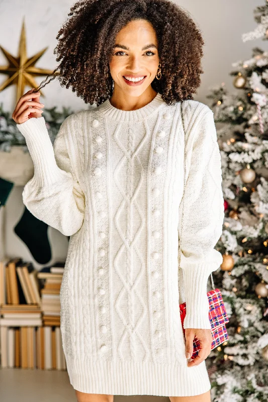 I'll Wait For You Ivory White Pompom Sweater Dress