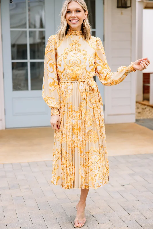 Like Royaly Taupe Brown Baroque Print Midi Dress