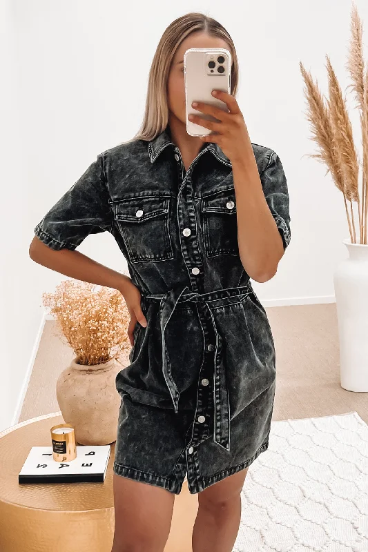 Belted Denim Dress Acid Wash Black