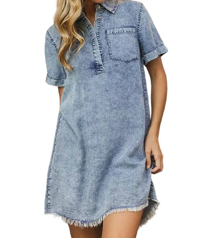 Frayed Hem Denim Dress In Vintage Wash