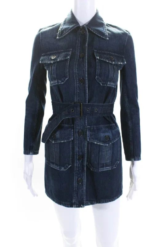 Saint Laurent Womens Denim Button Down Belted Dress Blue