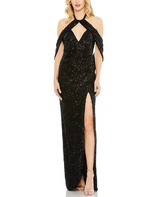 Mac Duggal Sequined Draped Sleeveless Keyhole Cowl Back Gown