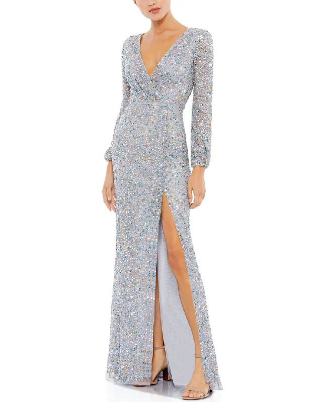 Mac Duggal Sequined Faux Wrap Bishop Sleeve Gown