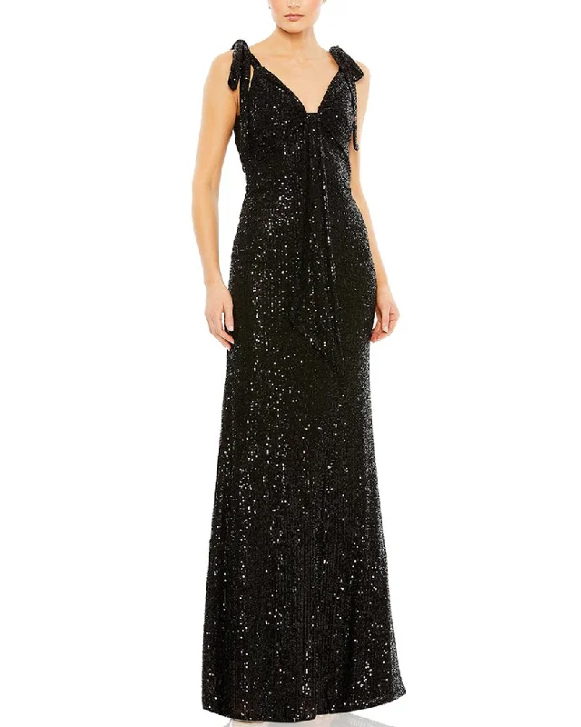 Mac Duggal Sequined Low Back Bow Shoulder Gown