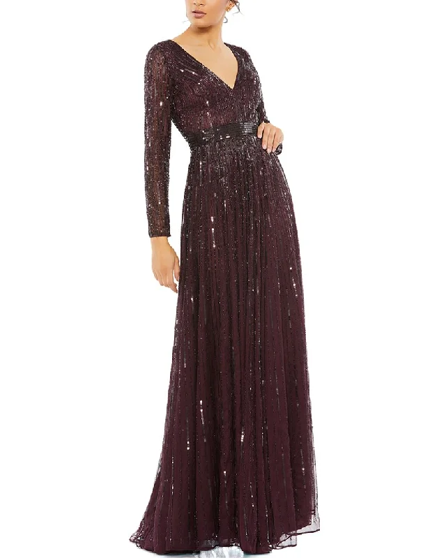 Mac Duggal Sequined V Neck Illusion Sleeve A Line Gown