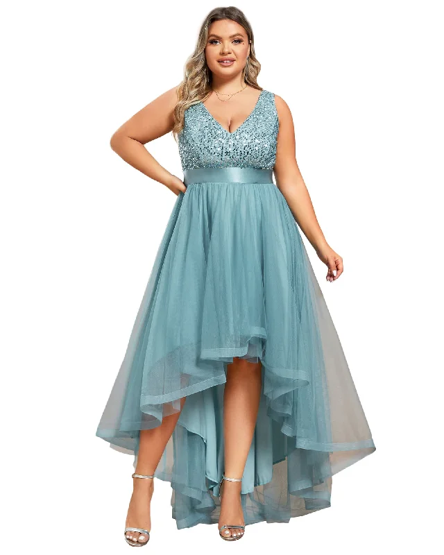 Sleeveless Sequin Ribbon Waist Tulle High Low Evening Dress | Dusty Blue