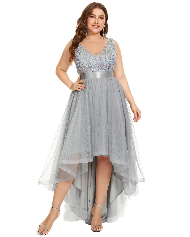 Sleeveless Sequin Ribbon Waist Tulle High Low Evening Dress | Silver