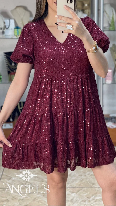 Burgundy Babydoll Sequins Dress