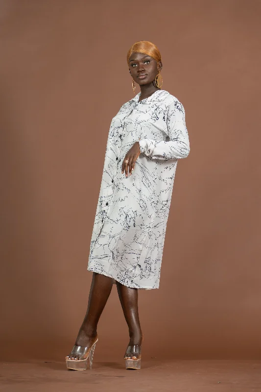 Edima Button Down Shirt Dress | White and Black African Print