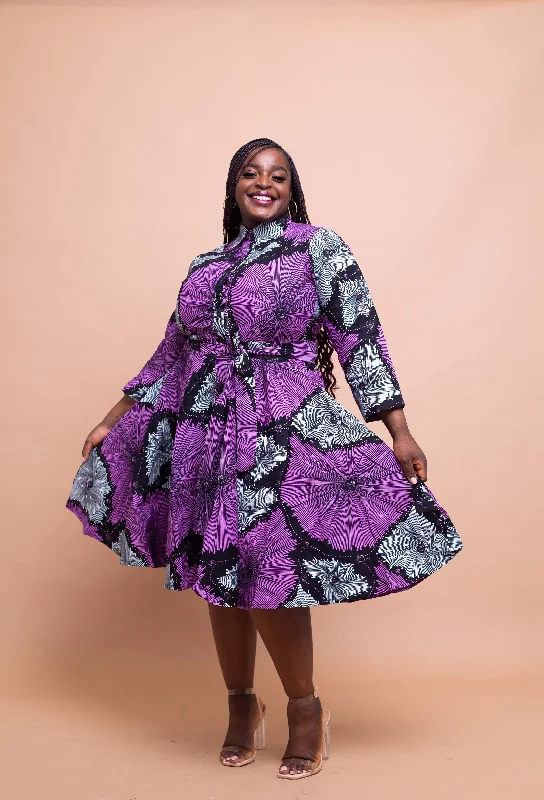 Elisa Ankara Button Down Shirt Dress | Purple African Print