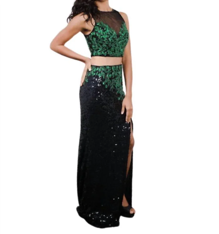 Embroidered Sequin Two-Piece Gown In Black/green