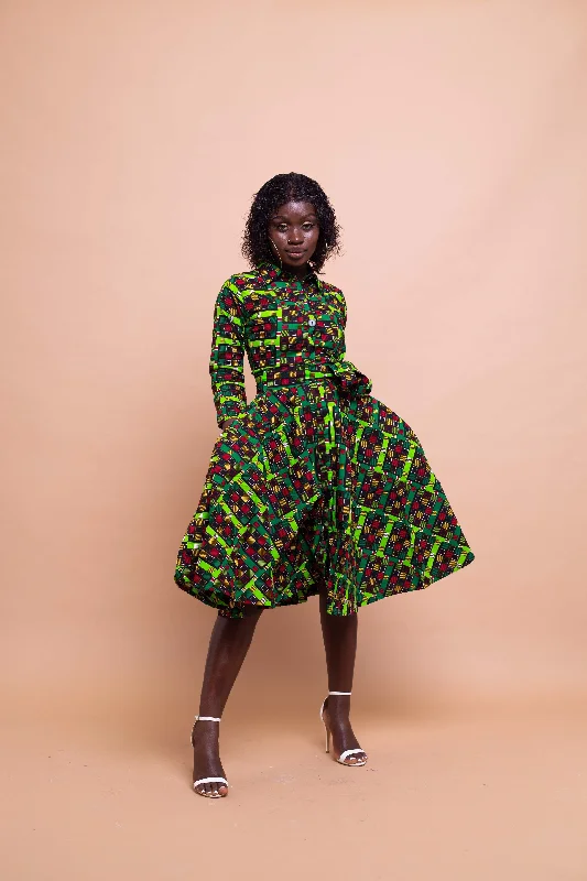 Eva Ankara Button Down Shirt Dress | Green and Red African Print