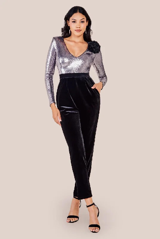 Goddiva Liquid Sequin Jumpsuit With Corsage - Silver