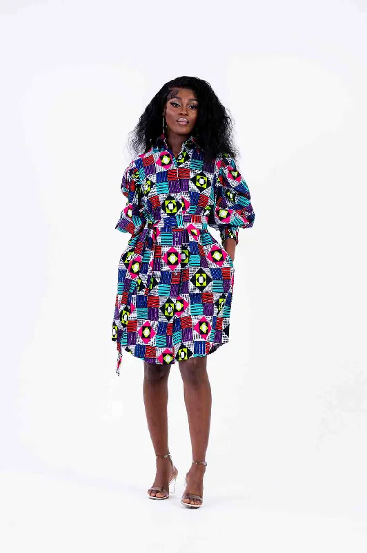 Juanita Ankara Shirt Dress | Blue and Pink Multicolored African Print