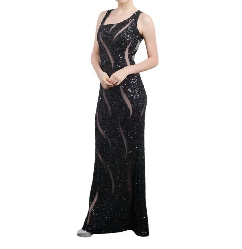 Sequined Illusion Panel Gown In Black