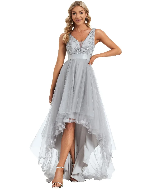 Sleeveless V-back Tulle High-Low Sequin Appliques Evening Dresses | Grey