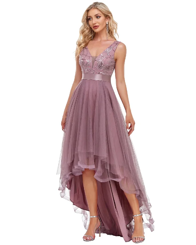 Sleeveless V-back Tulle High-Low Sequin Appliques Evening Dresses | Purple Orchid