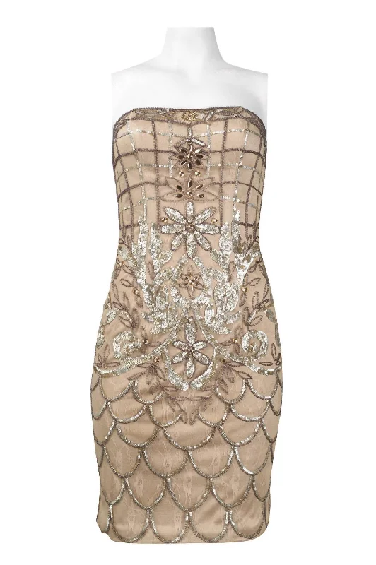 Strapless Sequined Scalloped Sheath Dress In Beige