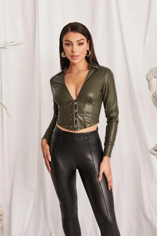 SAVANNAH Vegan Leather Shirt With Corset Detail in Khaki